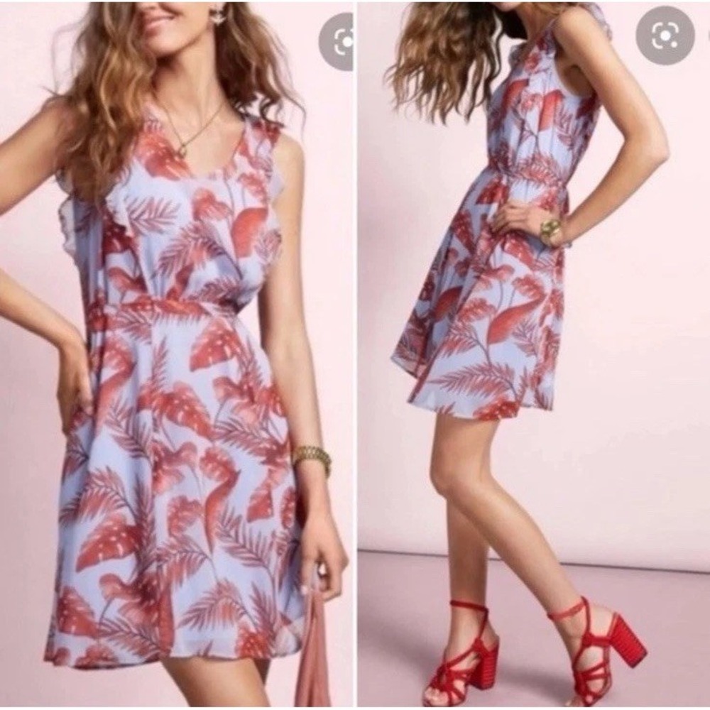 Cabi Isabel Dress Small Palm Leaf Tropical Ruffle Chiffon With Slip Blue Coral